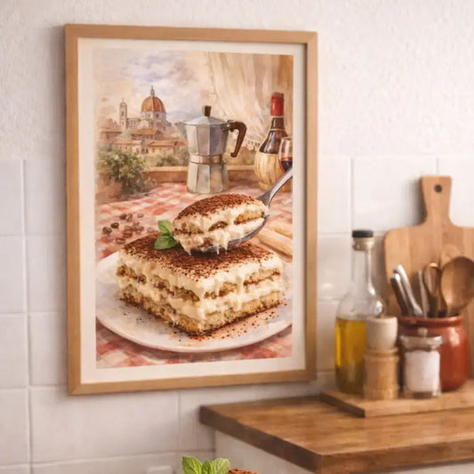 Affiche cuisine tiramisu et moka décoration murale cuisine aquarelle avec peinture encadrée dune part de tiramisu