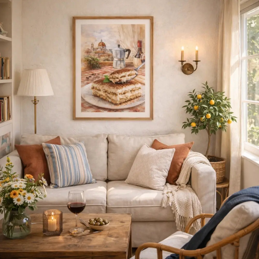 Un cadre peinture aquarelle tiramisu avec cacao décorée devant un paysage urbain italien pour décoration murale cuisine