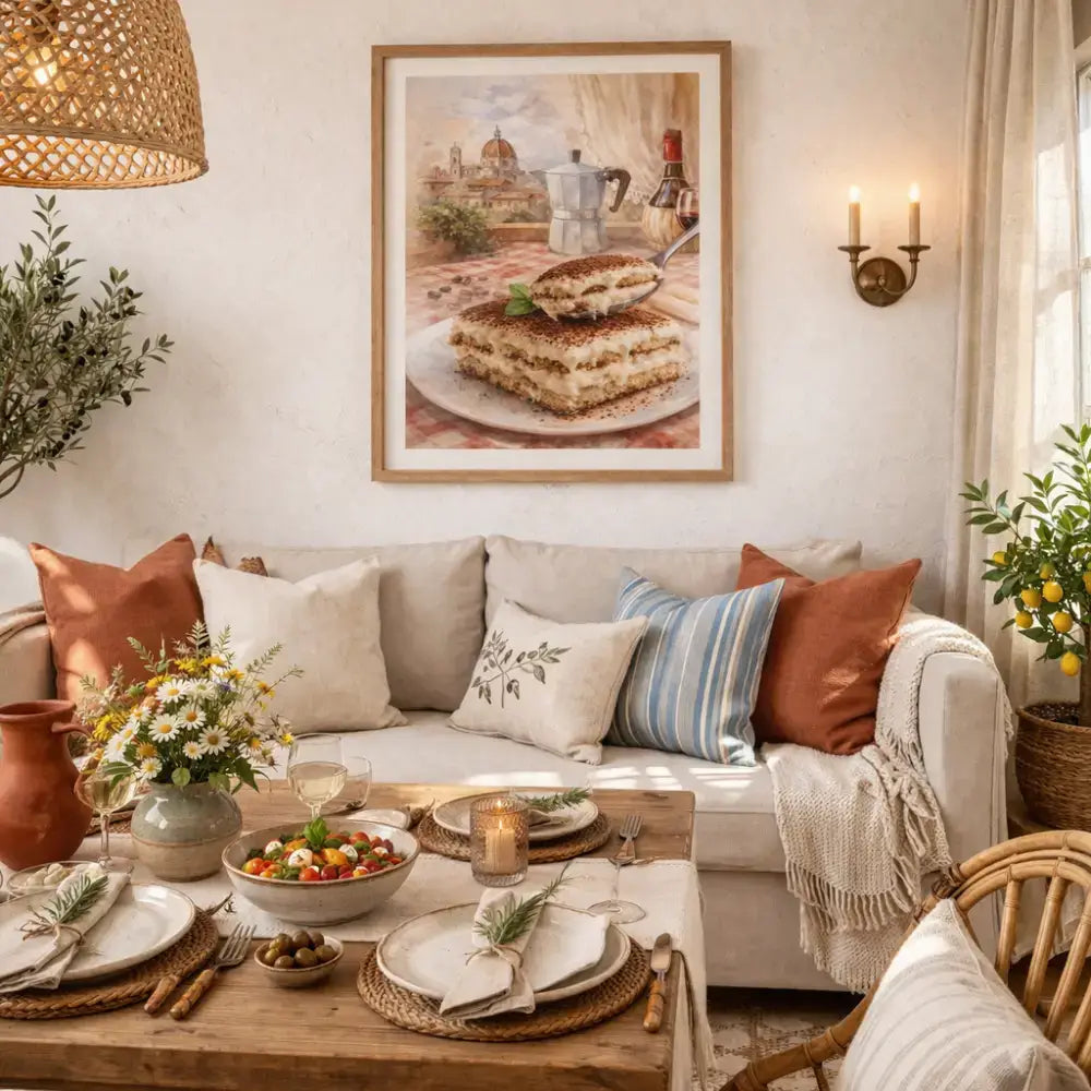 Affiche cuisine tiramisu et moka décoration murale cuisine style aquarelle avec dessert tiramisu et décor italien