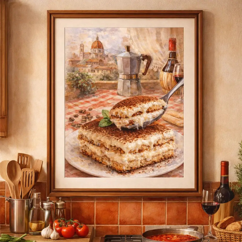Affiche cuisine tiramisu et moka avec peinture aquarelle d une part de tiramisu décorée pour décoration murale cuisine