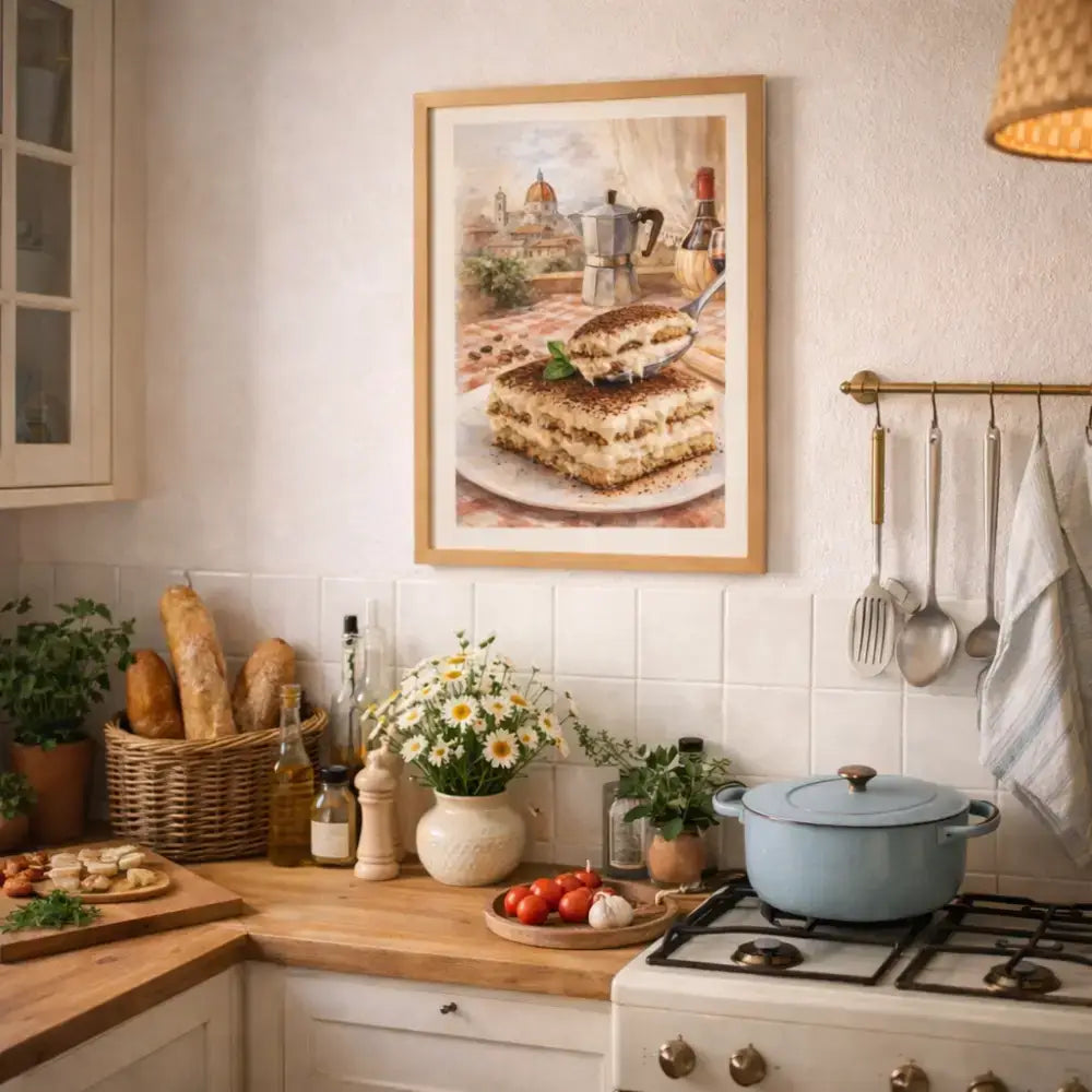 Affiche cuisine tiramisu et moka décoration murale cuisine aquarelle avec gâteau tiramisu en cuisine italienne