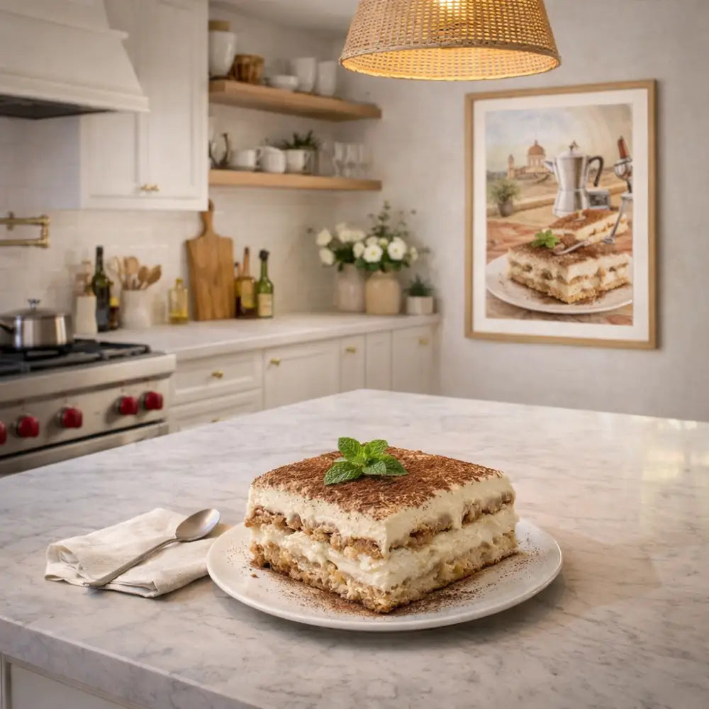 Une décoration murale cuisine tiramisu mascarpone avec une part de tiramisu au cacao et menthe sur assiette blanche