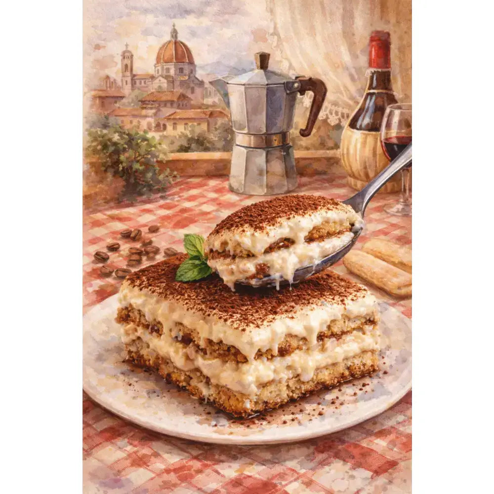 Affiche cuisine tiramisu et moka décoration murale cuisine style aquarelle avec dessert tiramisu aux couches crémeuses