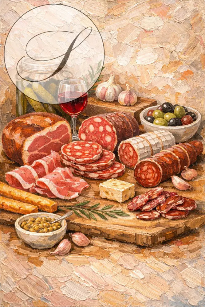Affiche cuisine déco mural artistique avec fromages, charcuterie