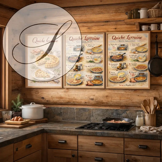 Poster recette Quiche Lorraine accroché dans une cuisine rustique style farmhouse 