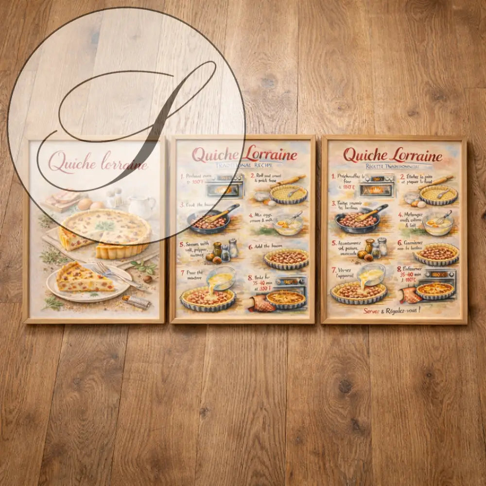 Affiche recette Quiche Lorraine encadrée dans une cuisine