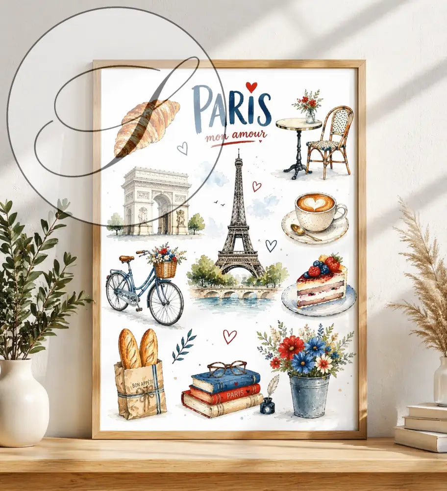 Affiche paris vintage décoration murale élégante avec illustrations aquarelles de paysages parisiens et viennoiseries