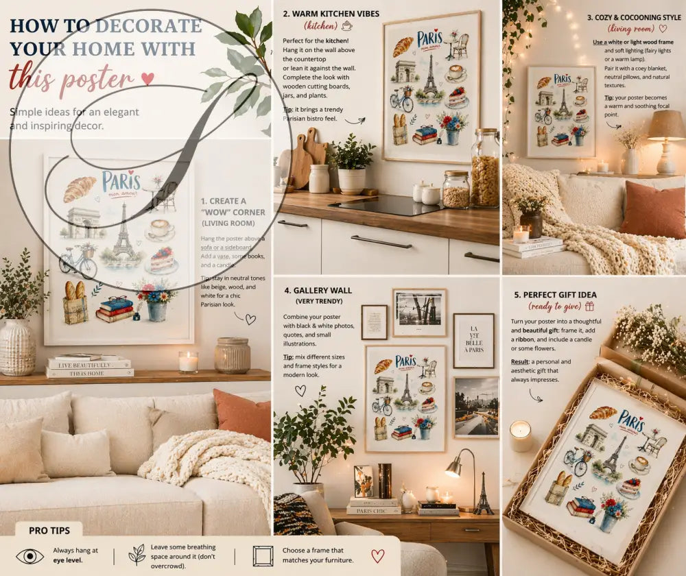 Affiche paris vintage en design viennoiserie avec tour eiffel et croissants aquarelle pour décoration murale élégante