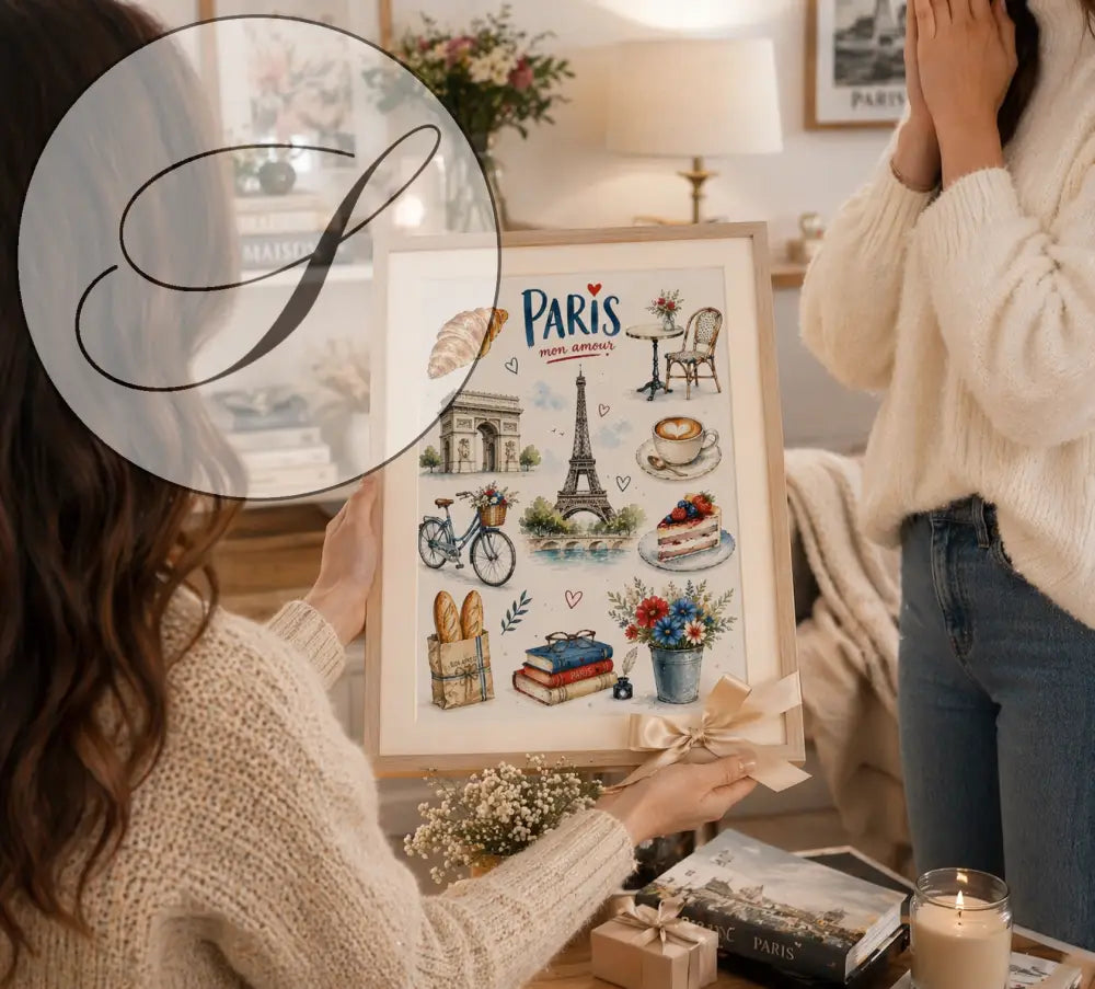 Affiche paris vintage avec illustration parisienne douce en aquarelle et ruban crème pour décoration murale élégante