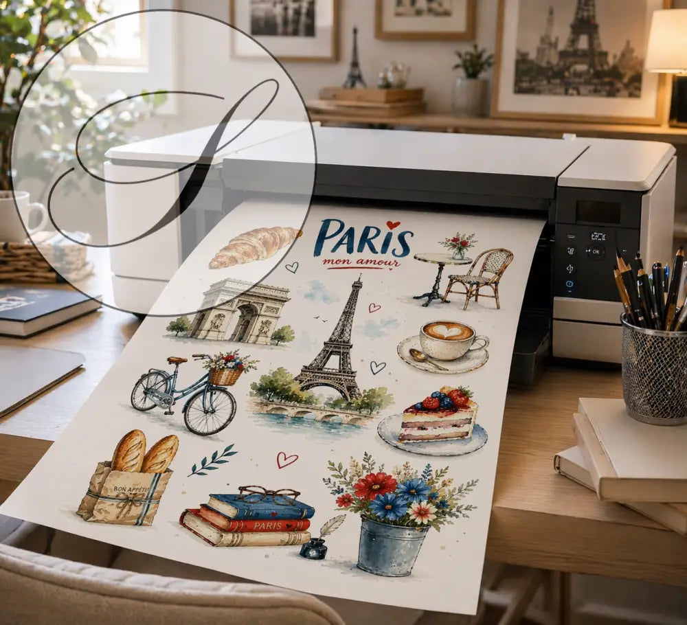 Imprimante blanche éjectant une affiche paris vintage avec tour eiffel croissants et livres pour décoration murale élégante