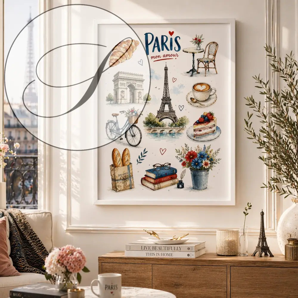 Affiche Paris vintage dans un cadre blanc avec tour Eiffel, croissants, café et livres, décoration murale élégante
