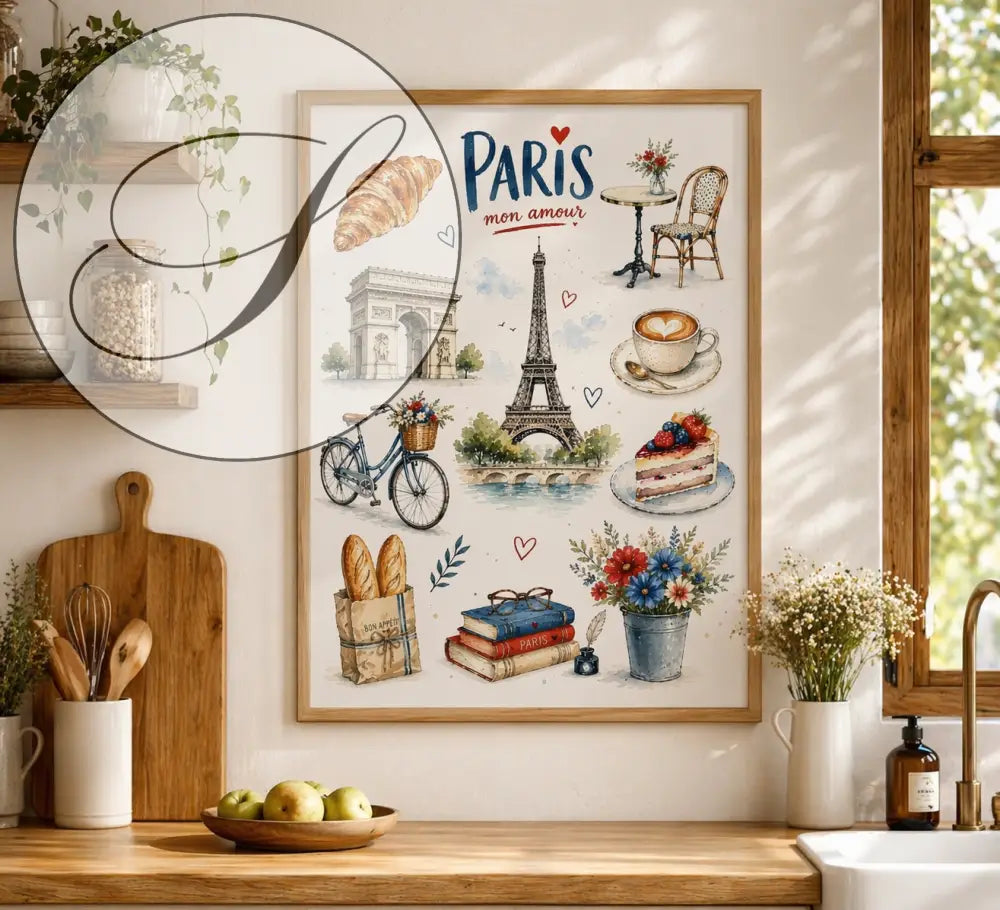 Affiche design viennoiserie paris vintage avec illustrations aquarelle tour eiffel arc de triomphe croissants décoration murale élégante