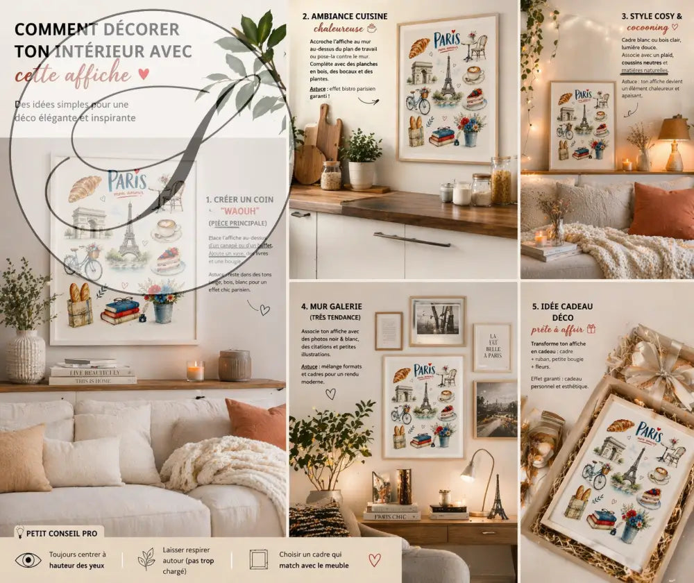 Affiche design viennoiserie paris vintage en aquarelle avec tour eiffel pain et livres pour décoration murale élégante