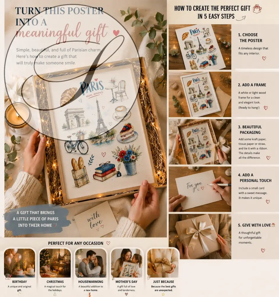 Affiche design viennoiserie paris vintage en aquarelle encadrée en bois clair pour décoration murale élégante et cadeau unique