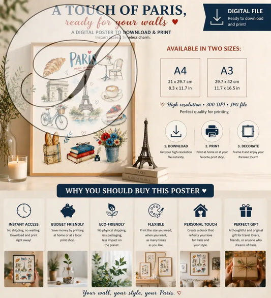 Affiche paris vintage en style aquarelle avec tour eiffel et croissant pour décoration murale élégante 