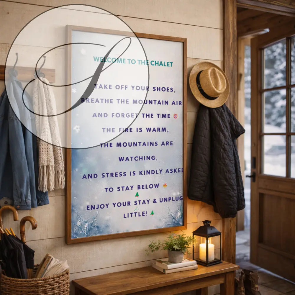 Affiche de bienvenue welcome to the chalet avec cadre en bois rustique et texte teal violet art mural à imprimer hiver