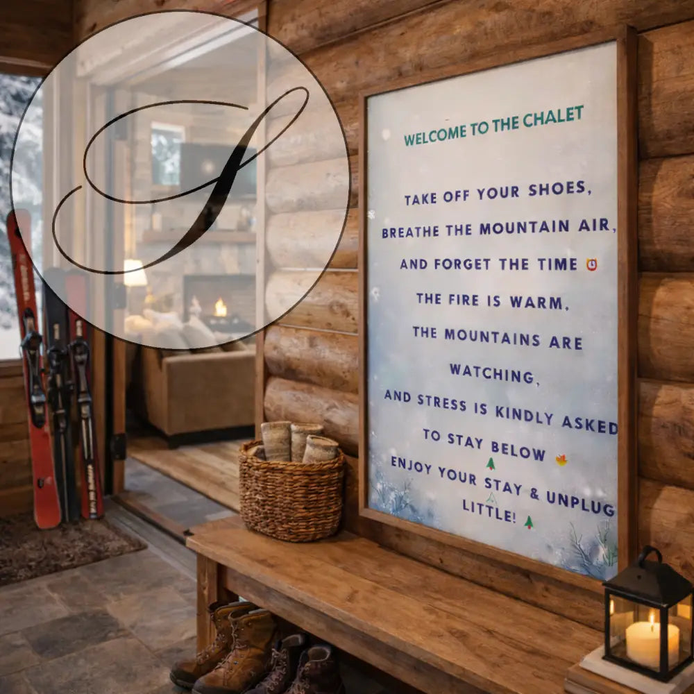 Affiche de bienvenue welcome to the chalet avec bordure bois rustique texte teal et violet décoration murale hiver