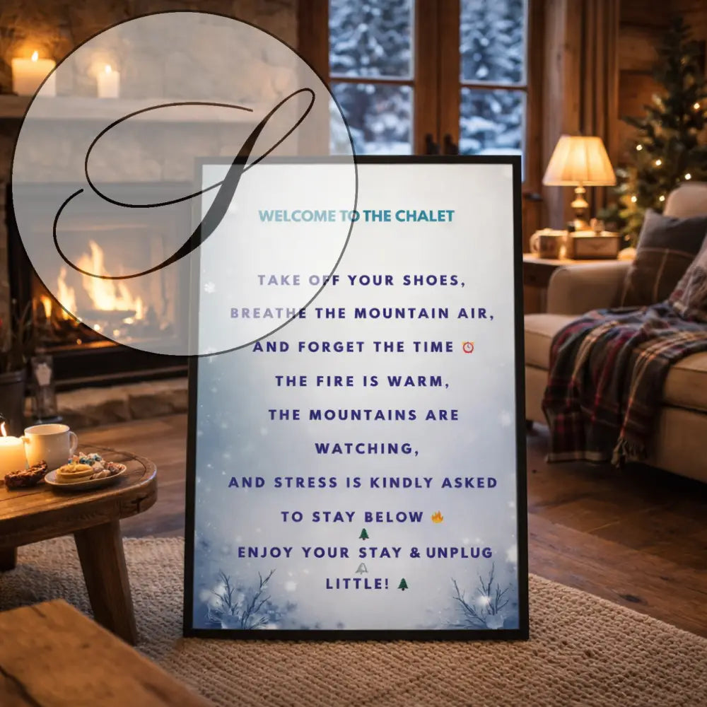 Affiche de bienvenue welcome to the chalet avec design montagne enneigée texte teal sur fond bleu pour décoration murale hiver