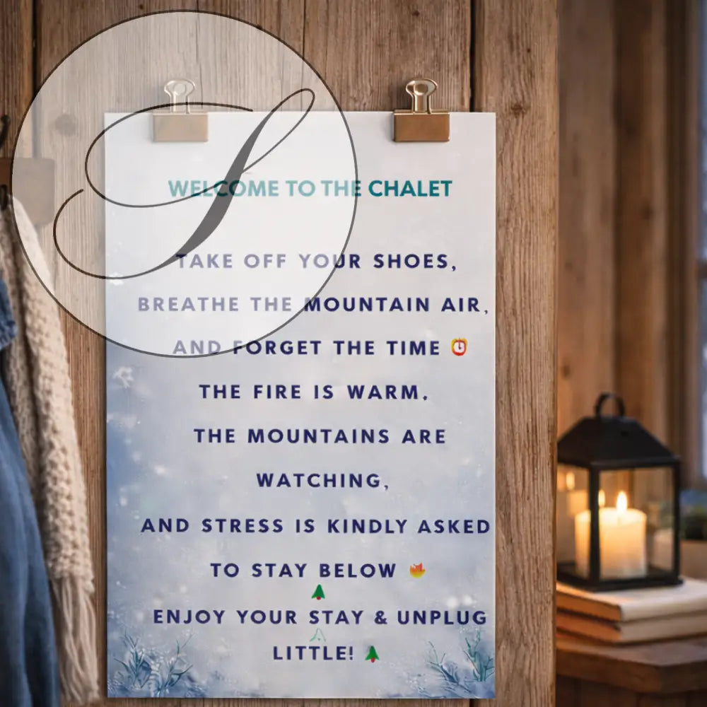 Affiche de bienvenue welcome to the chalet avec texte teal et navy et motif montagne enneigée décoration murale hiver perfecto pour art mural à imprimer