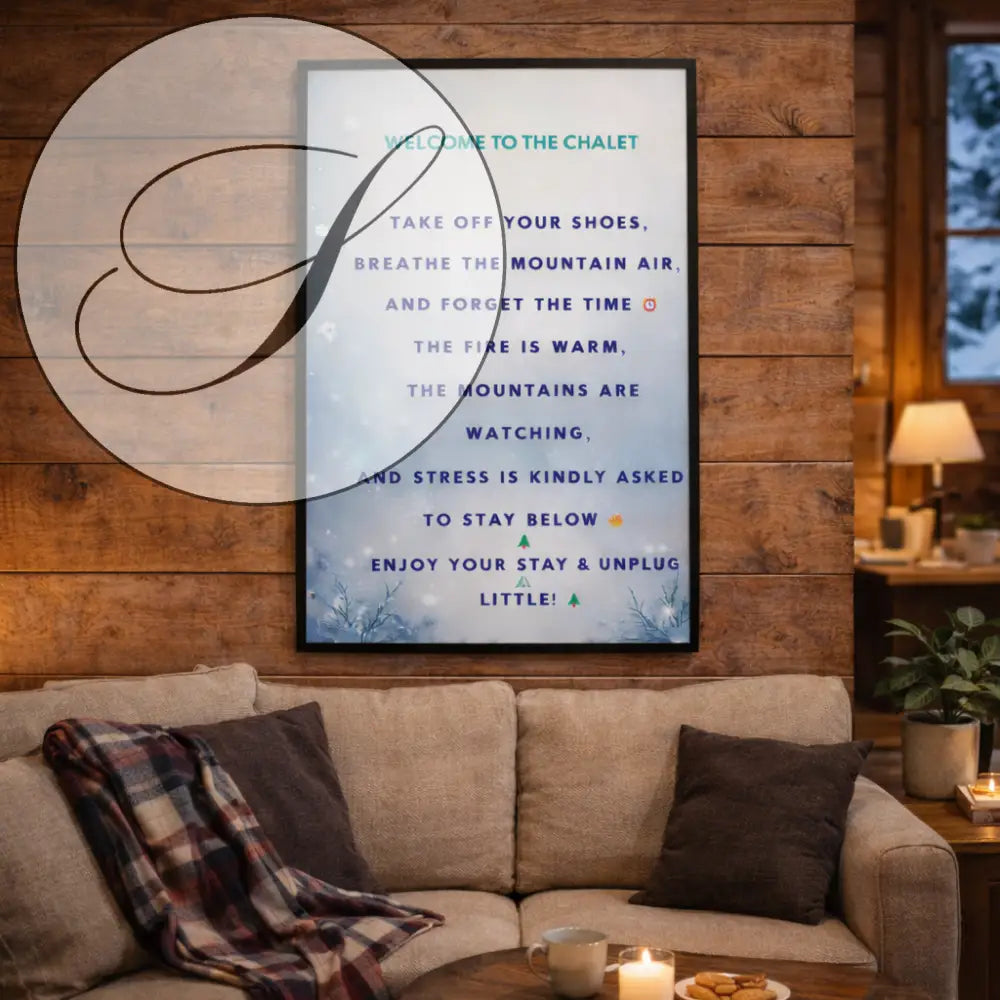 Affiche de bienvenue welcome to the chalet avec décoration murale hiver en art mural à imprimer teal et bleu marine