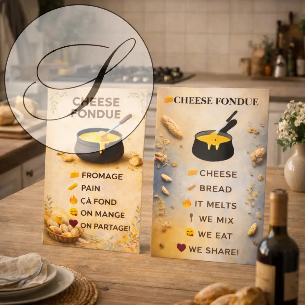 Affiche cuisine fondue au fromage avec pots illustrés et pain sur table bois pour décoration murale hiver et art mural cuisine