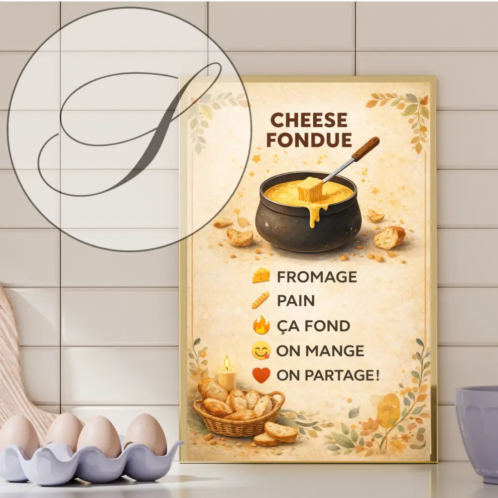Affiche cuisine fondue au fromage avec illustration vintage chaleureuse pour décoration murale hiver et art mural cuisine