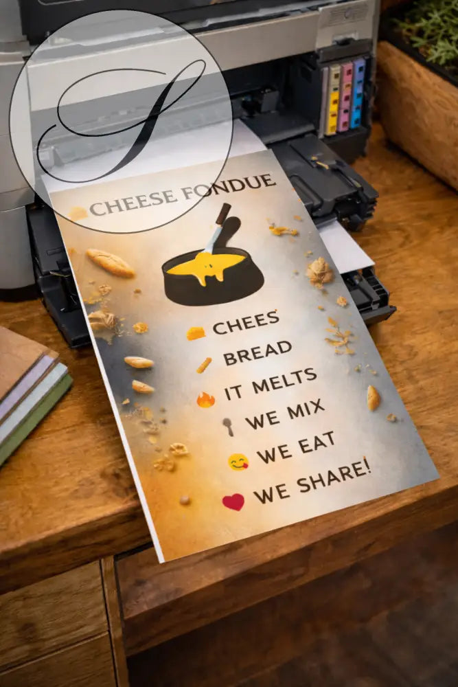 Affiche cuisine fondue au fromage avec pot noir et fromage fondu doré sur fond beige pour décoration murale hiver