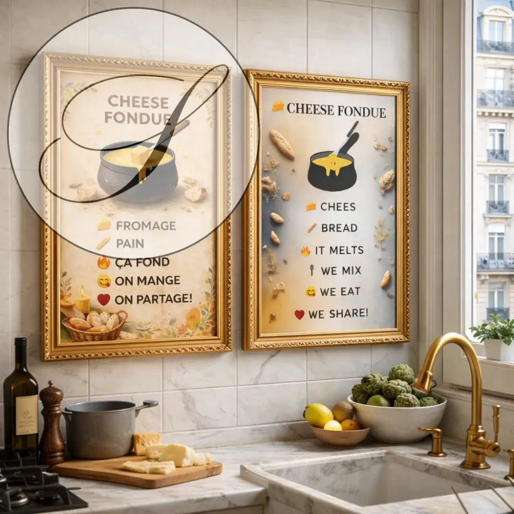 Deux affiches à télécharger fondue au fromage avec cadre doré pour décoration murale hiver et art mural cuisine