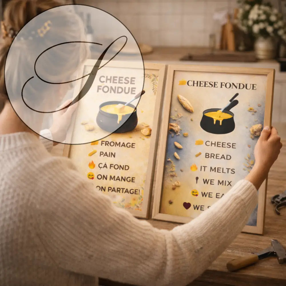 Affiche cuisine fondue au fromage en bois avec illustrations en jaune pour décoration murale hiver et art mural cuisine