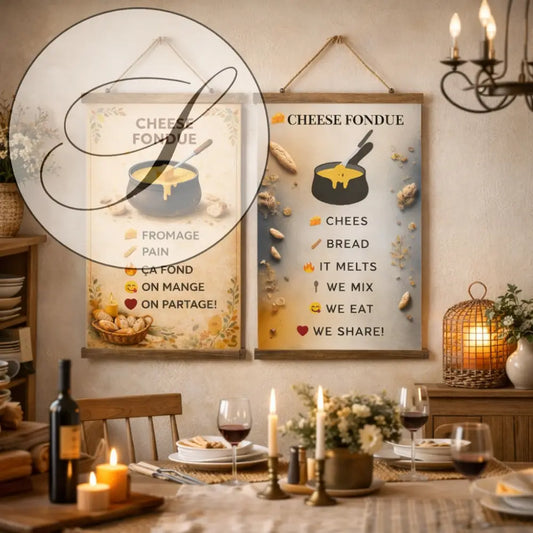 Deux affiches à télécharger thème fondue au fromage avec cadre en bois rustique pour décoration murale hiver cuisine