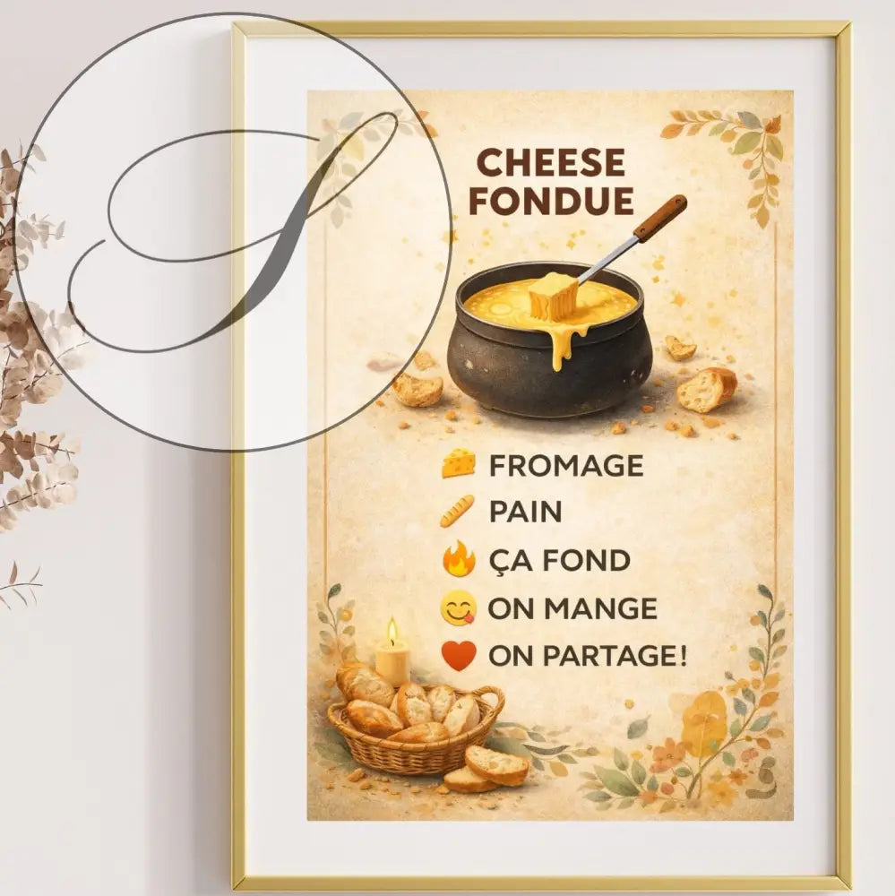 Affiche cuisine fondue au fromage avec illustration rustique pot noir fromage doré décoration murale hiver chaleureuse