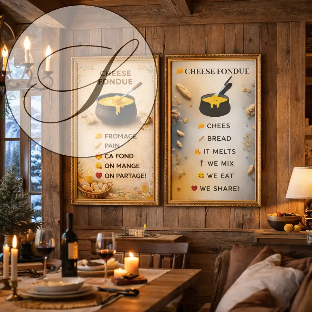 Deux affiches cuisine fondue au fromage avec cadres dorés rustiques pour décoration murale hiver chaleureuse