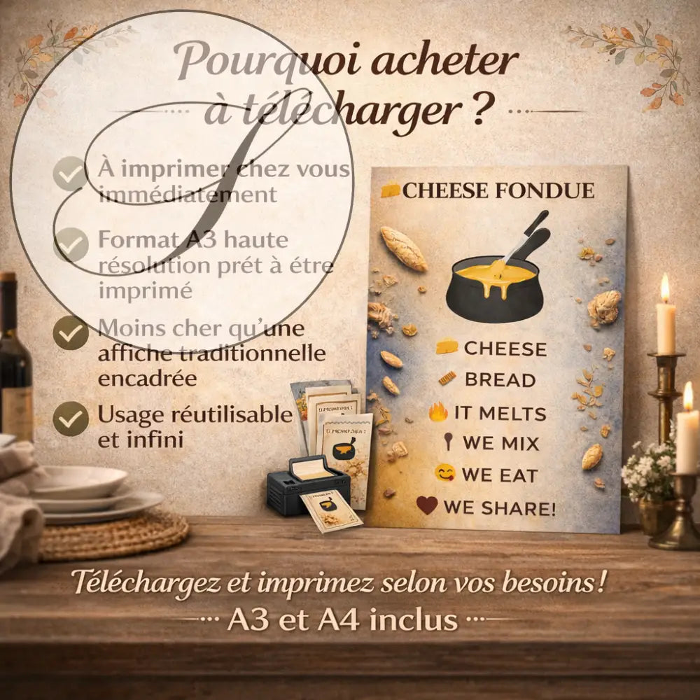 Affiche cuisine fondue au fromage beige avec pot noir et pain pour décoration murale hiver et art mural cuisine à télécharger
