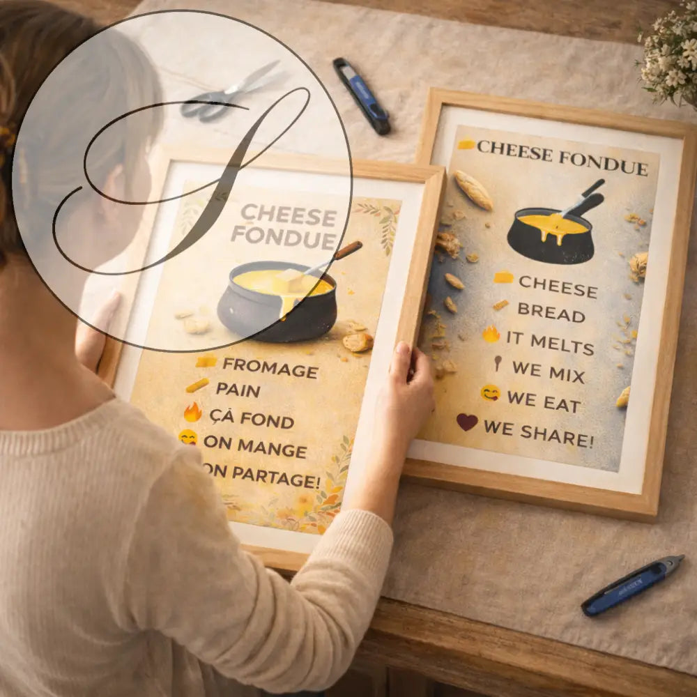Deux affiches encadrées de fondue au fromage avec illustration de pot et pain pour décoration murale hiver et art mural cuisine