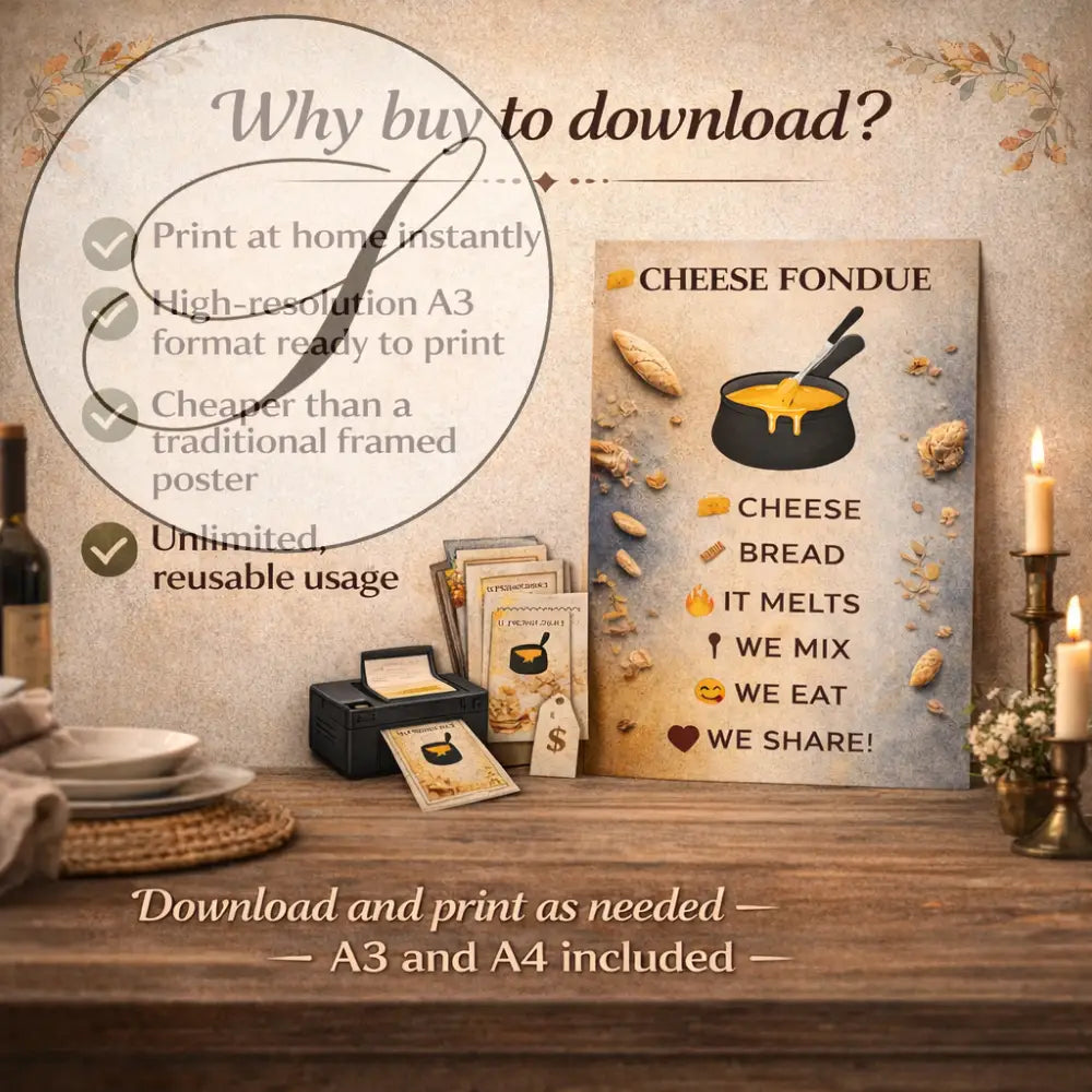 Affiche cuisine fondue au fromage beige avec pot noir et pain illustration pour décoration murale hiver et art mural cuisine