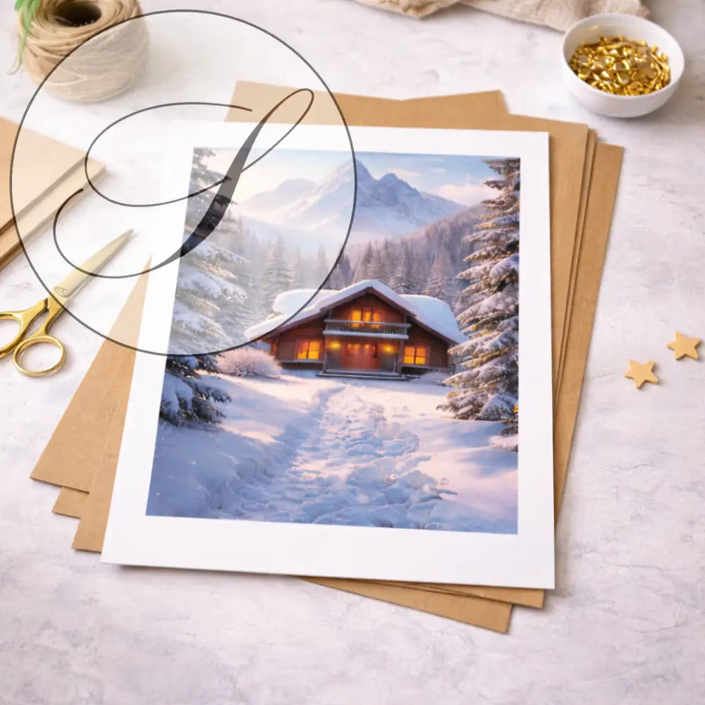 Affiche décoration murale hiver chalet d’hiver dans une forêt enneigée avec fenêtres chaudes sur papier mat téléchargement numérique
