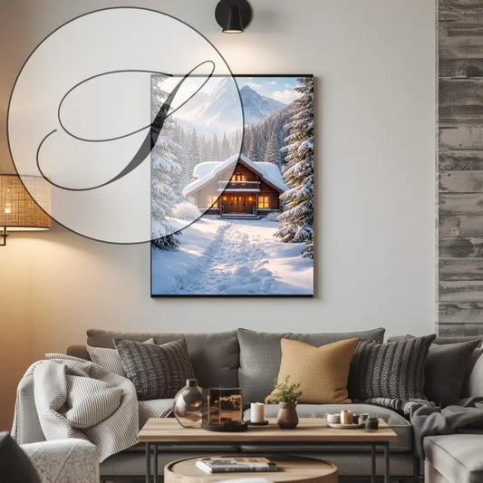 Affiche décoration murale hiver chalet d’hiver en bois enneigé avec lumière chaude et chemin neigeux à télécharger numérique