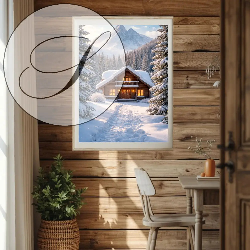 Affiche à imprimer cadre blanc montrant un chalet d’hiver enneigé dans une forêt pour décoration murale hiver