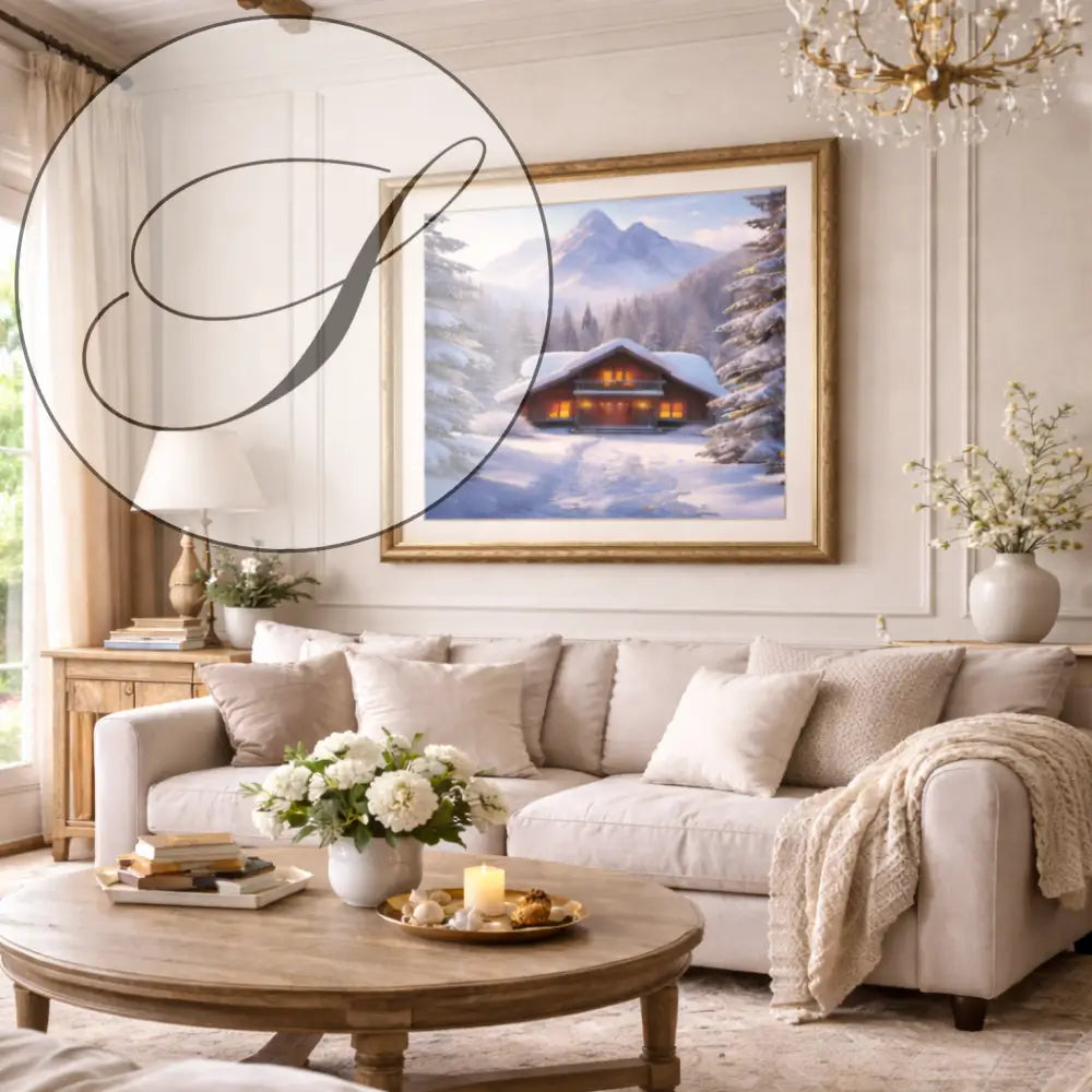 Affiche à imprimer d'un chalet d'hiver cosy encadrée en doré pour décoration murale hiver