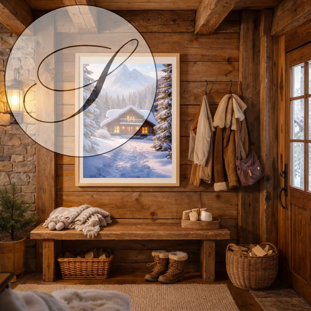 Affiche chalet d’hiver dans une forêt enneigée avec cadre blanc pour décoration murale hiver à imprimer en téléchargement numérique