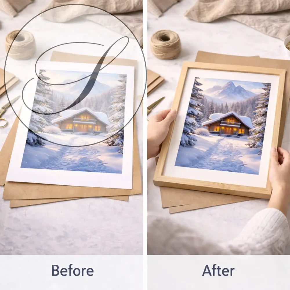 Affiche à imprimer d'un chalet d'hiver enneigé avec lumière chaude pour décoration murale hiver