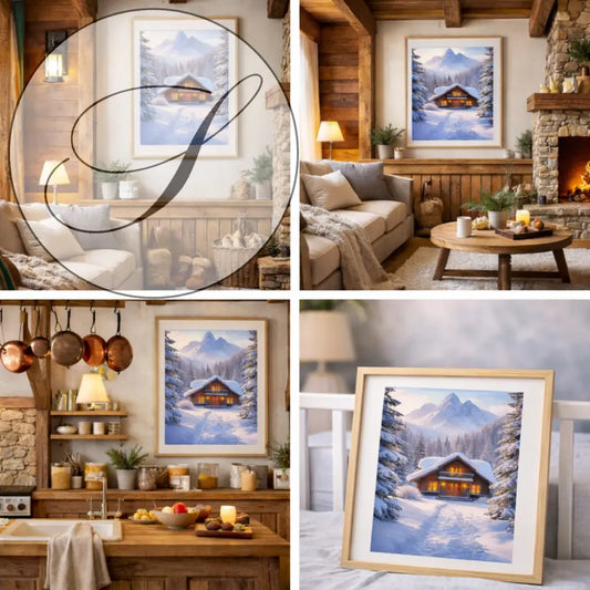 Affiche à imprimer d un chalet d hiver cosy avec lumières chaudes dans une forêt enneigée idéale pour décoration murale hiver