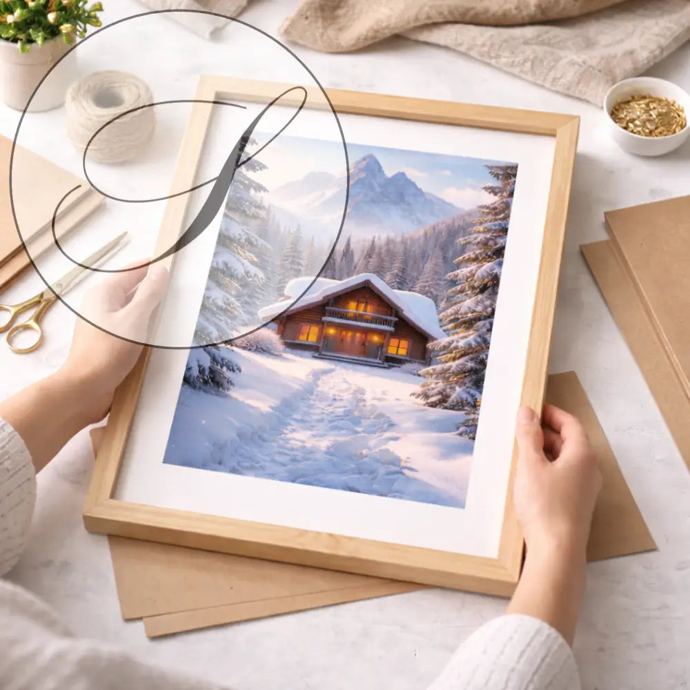 Affiche à imprimer chalet d’hiver dans une forêt enneigée décoration murale hiver cosy téléchargement numérique