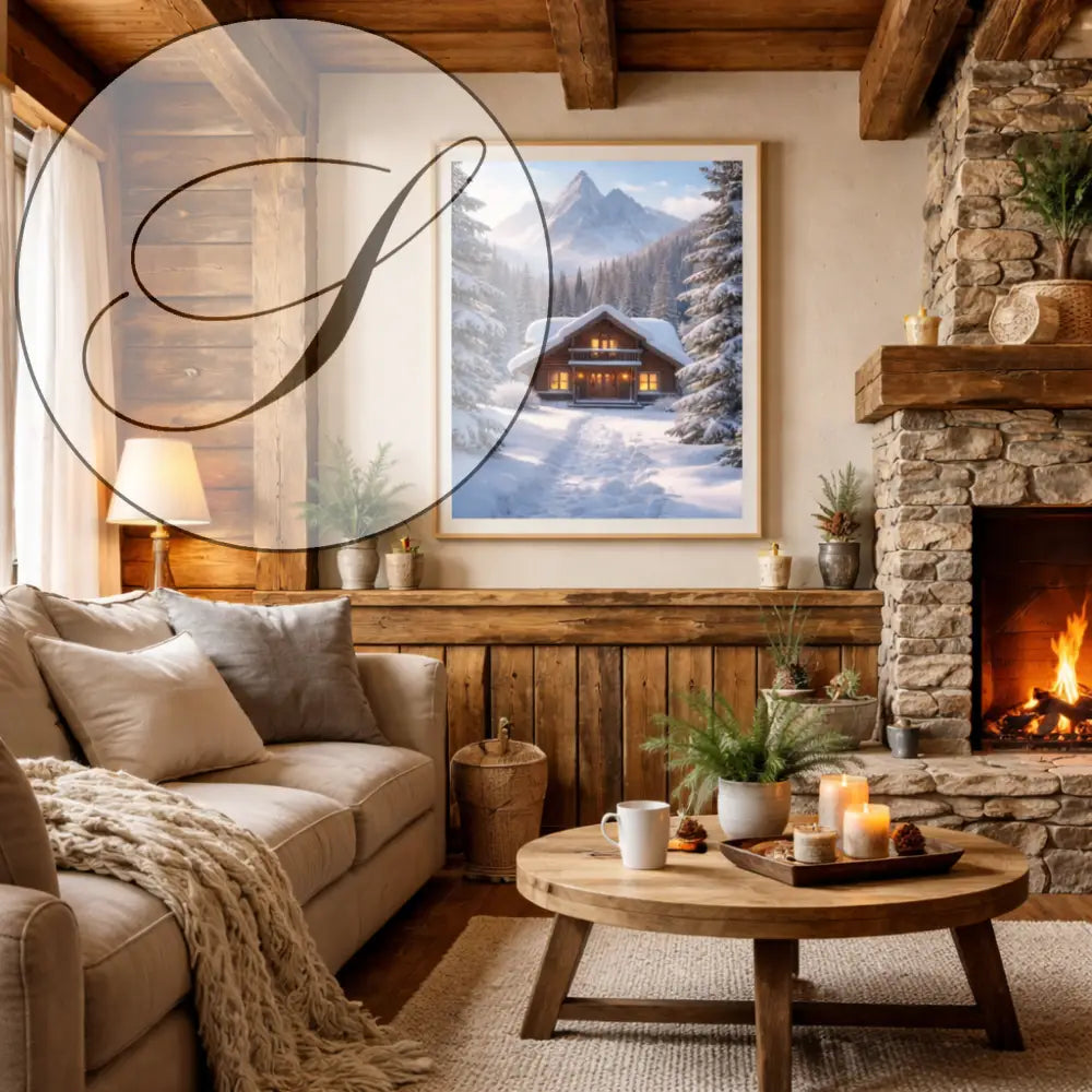 Affiche chalet d’hiver dans une forêt enneigée avec cadre blanc pour décoration murale hiver et téléchargement numérique