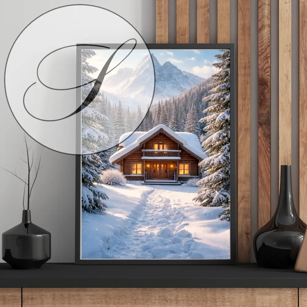 Affiche à imprimer chalet d’hiver avec décoration murale hiver de forêt enneigée et lumières intérieures chaleureuses