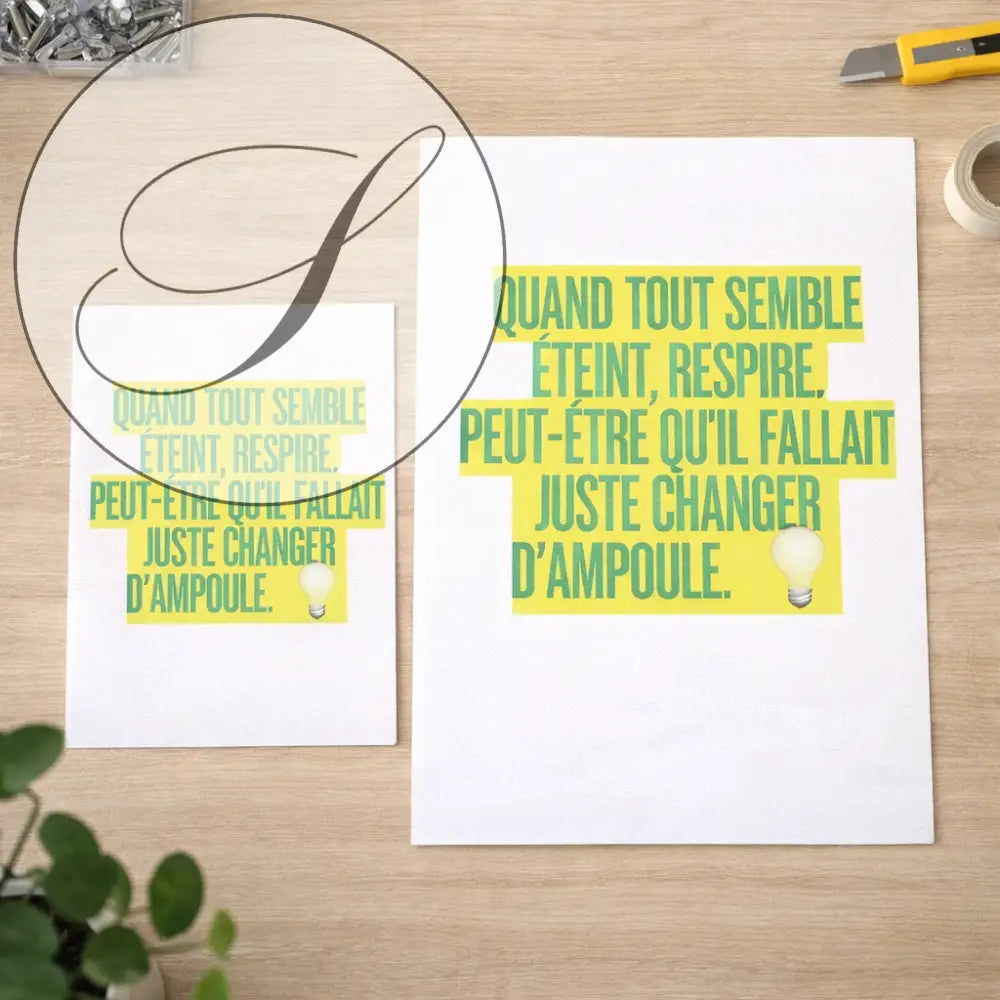 Poster inspirant avec texte vert sur blocs jaunes et illustration ampoule pour décoration murale motivation imprimable