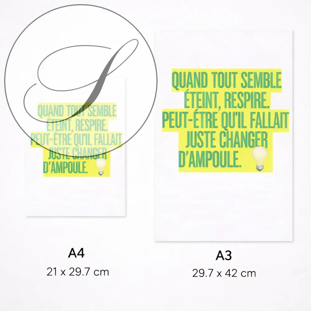 Affiches a4 et a3 avec texte vert sur fond jaune et illustration ampoule pour décoration murale motivation et poster inspirant