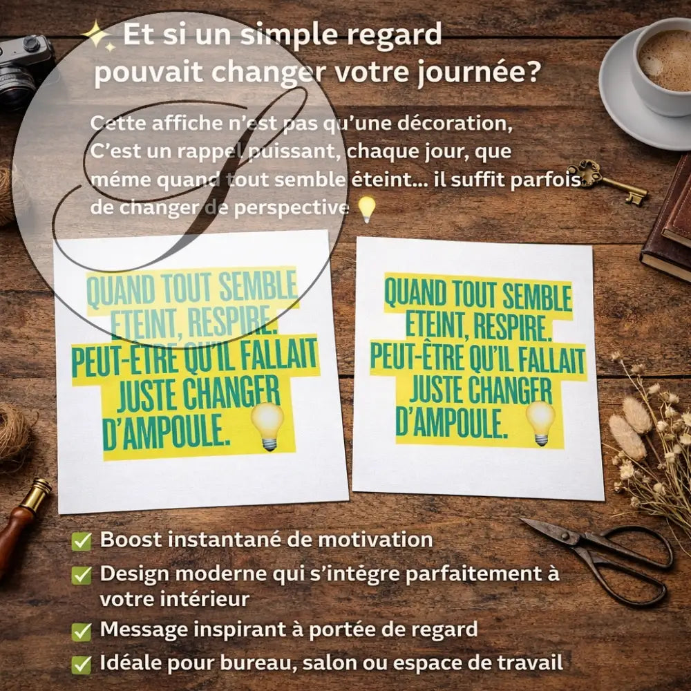 Deux posters inspirants blancs avec texte vert et jaune et graphique ampoule pour décoration murale motivation