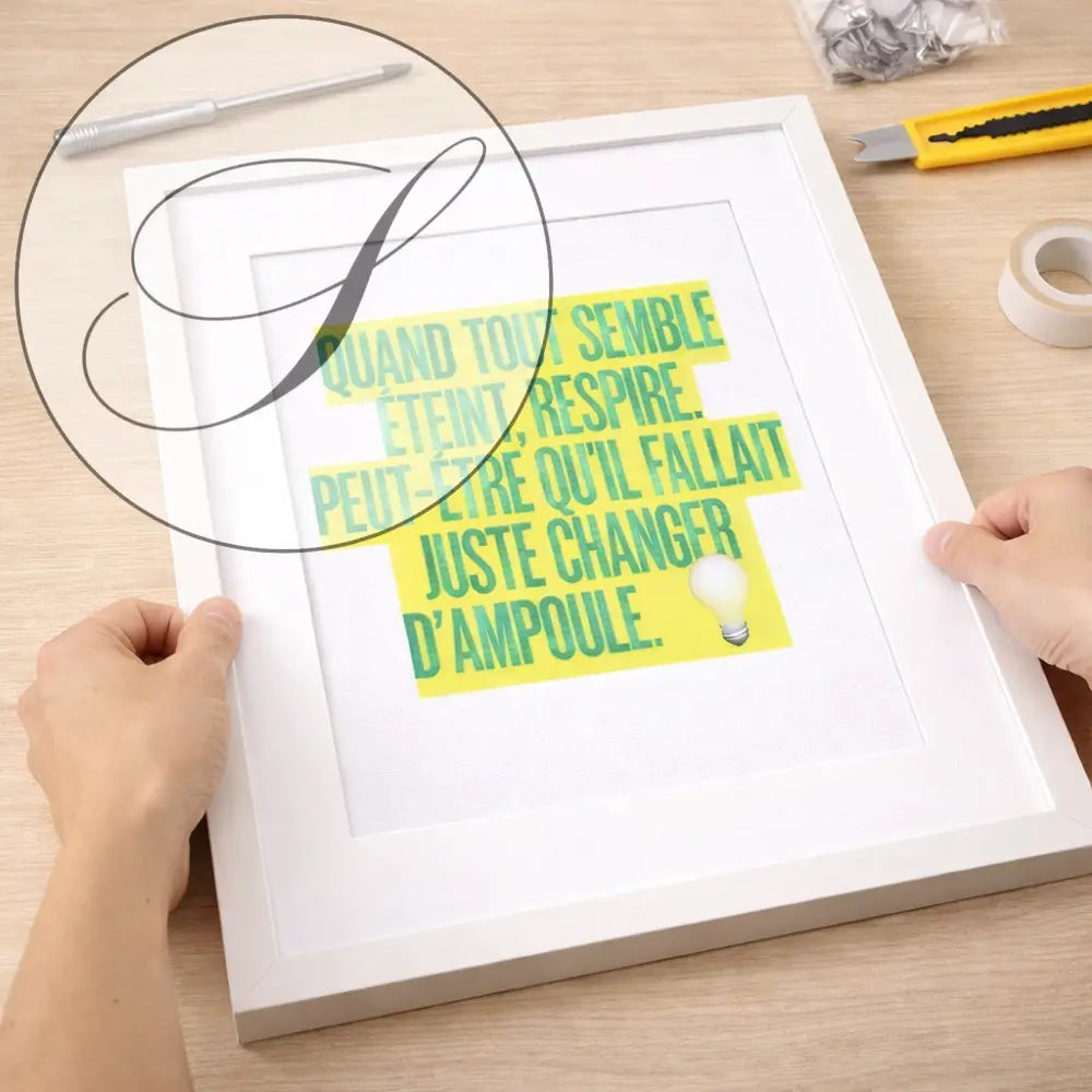 Cadre photo blanc rectangulaire avec poster inspirant jaune décoration murale motivation à imprimer avec ampoule verte