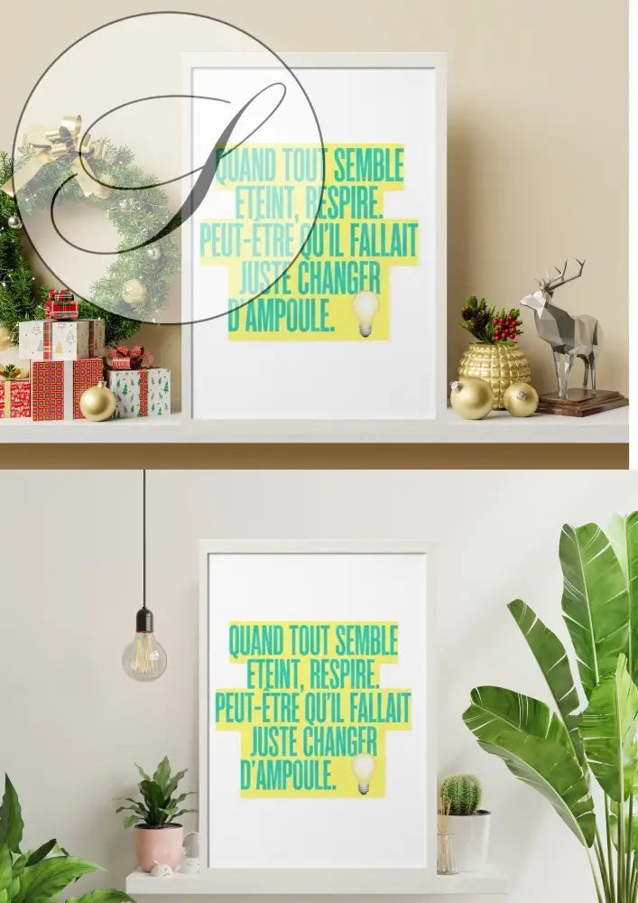 Poster inspirant blanc avec texte en vert et jaune et illustration dampoule pour décoration murale motivation